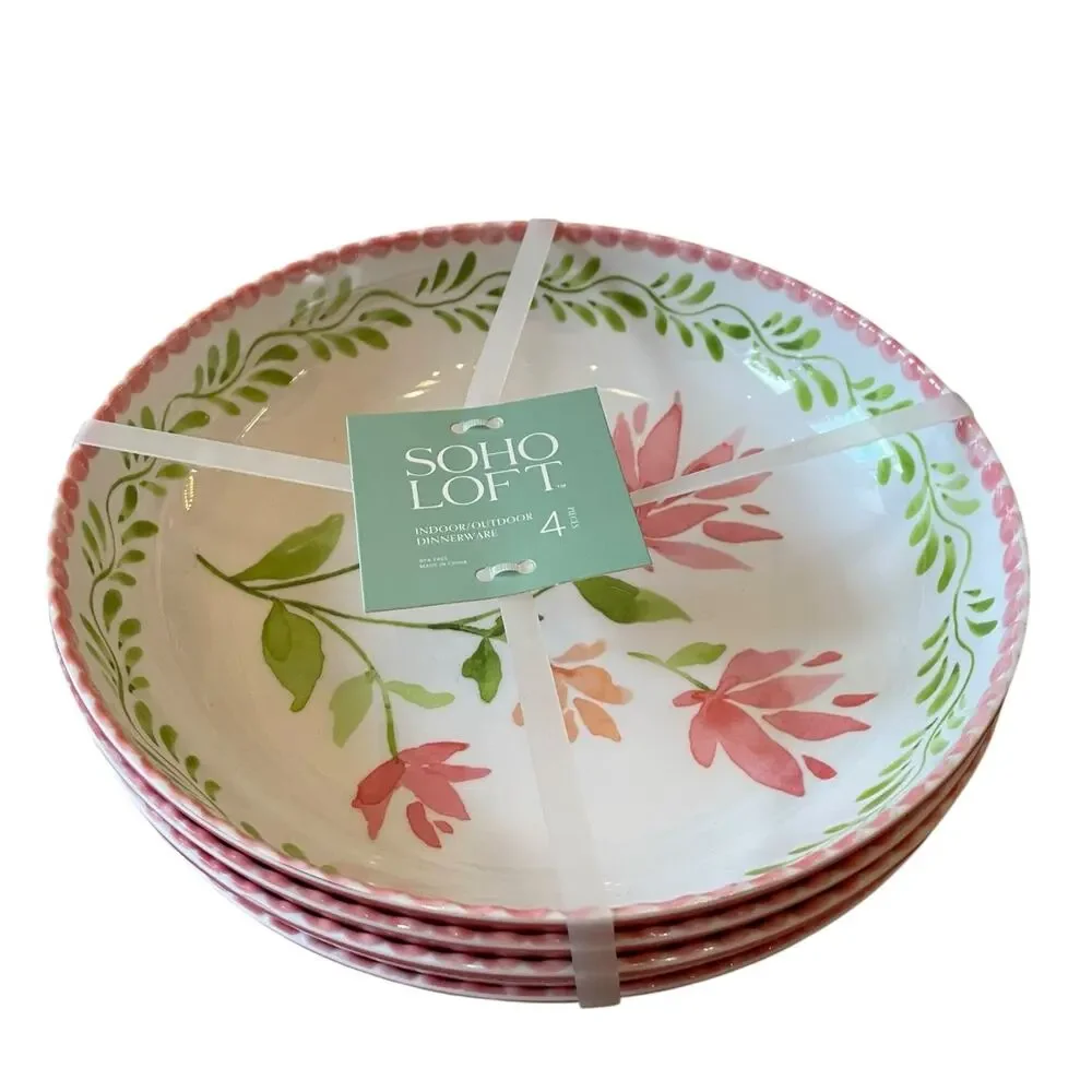 Soho Loft Floral Melamine Bowls 9in Round Pink & Green Set of 4 New